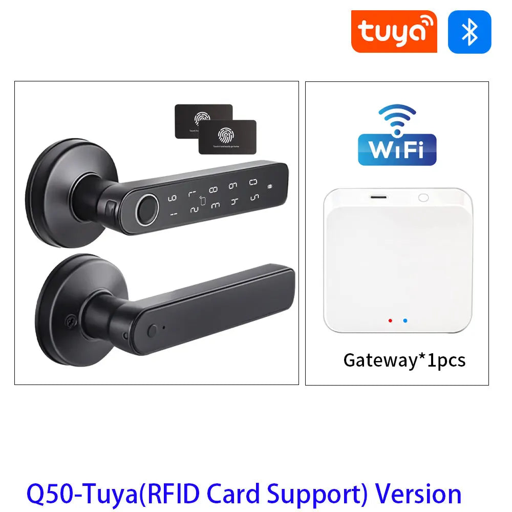 Q50 Tuya Bluetooth Smart Fingerprint Door Handle Lock Electronic Password/RFID Card/Keys/APP Remote Unlock Hotel Lock Rainproof