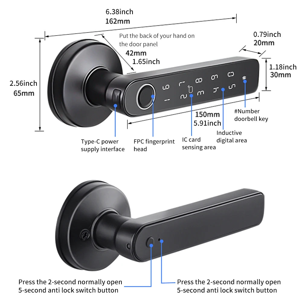 Q50 Tuya Bluetooth Smart Fingerprint Door Handle Lock Electronic Password/RFID Card/Keys/APP Remote Unlock Hotel Lock Rainproof