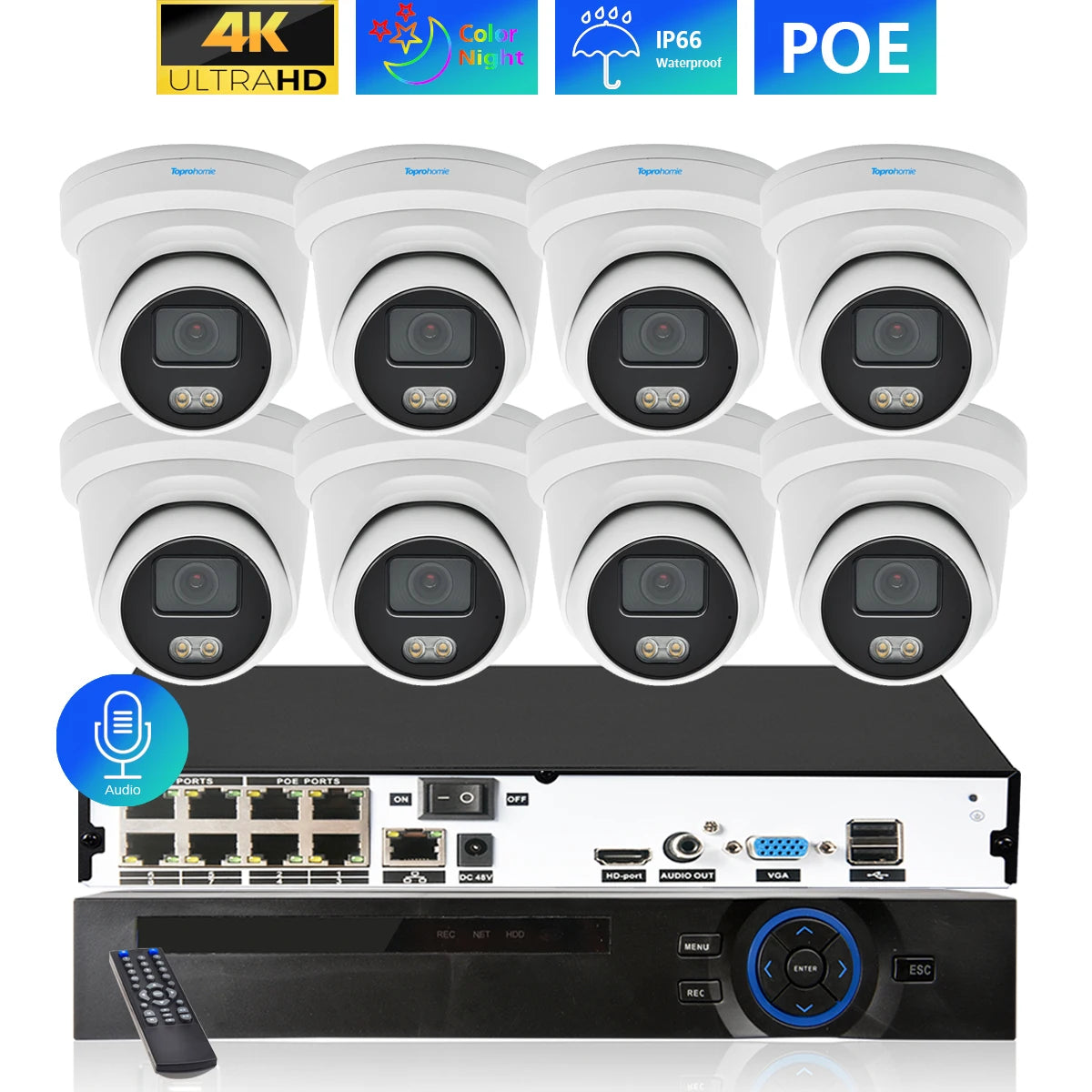 TOPROHOMIE 8CH 4K Security Camera System H.265 AI Indoor Outdoor Waterproof IP Camera Colorful Night Vision 8MP Audio Record Set