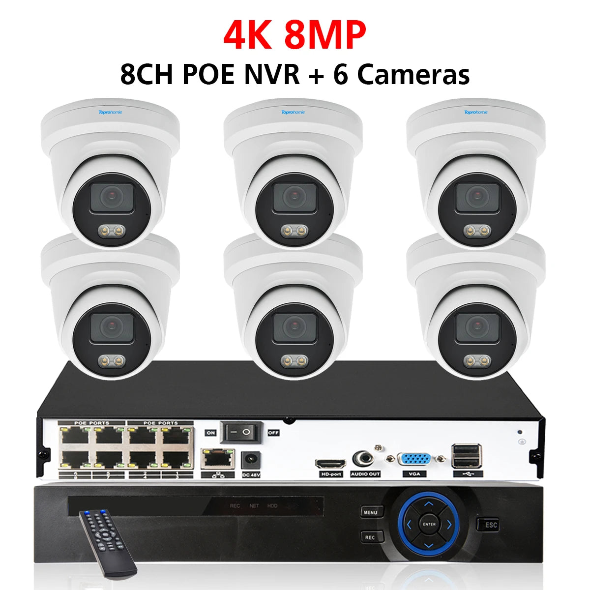 TOPROHOMIE 8CH 4K Security Camera System H.265 AI Indoor Outdoor Waterproof IP Camera Colorful Night Vision 8MP Audio Record Set