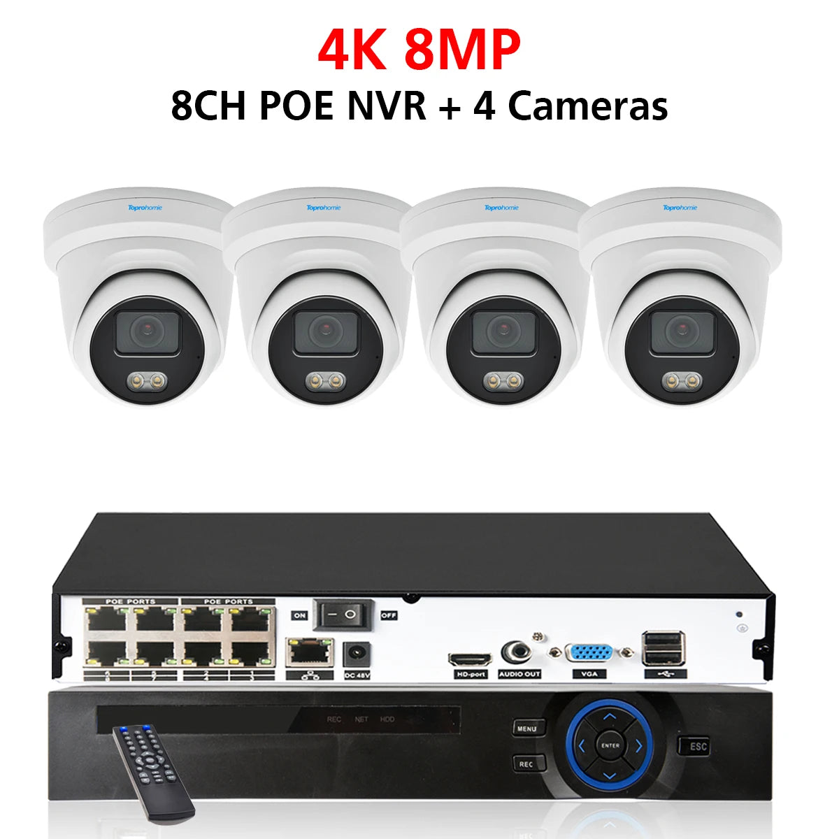 TOPROHOMIE 8CH 4K Security Camera System H.265 AI Indoor Outdoor Waterproof IP Camera Colorful Night Vision 8MP Audio Record Set