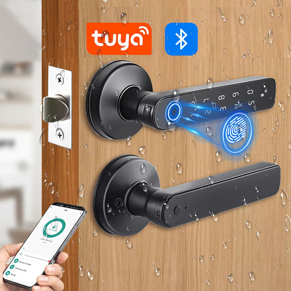 Q50 Tuya Bluetooth Smart Fingerprint Door Handle Lock Electronic Password/RFID Card/Keys/APP Remote Unlock Hotel Lock Rainproof