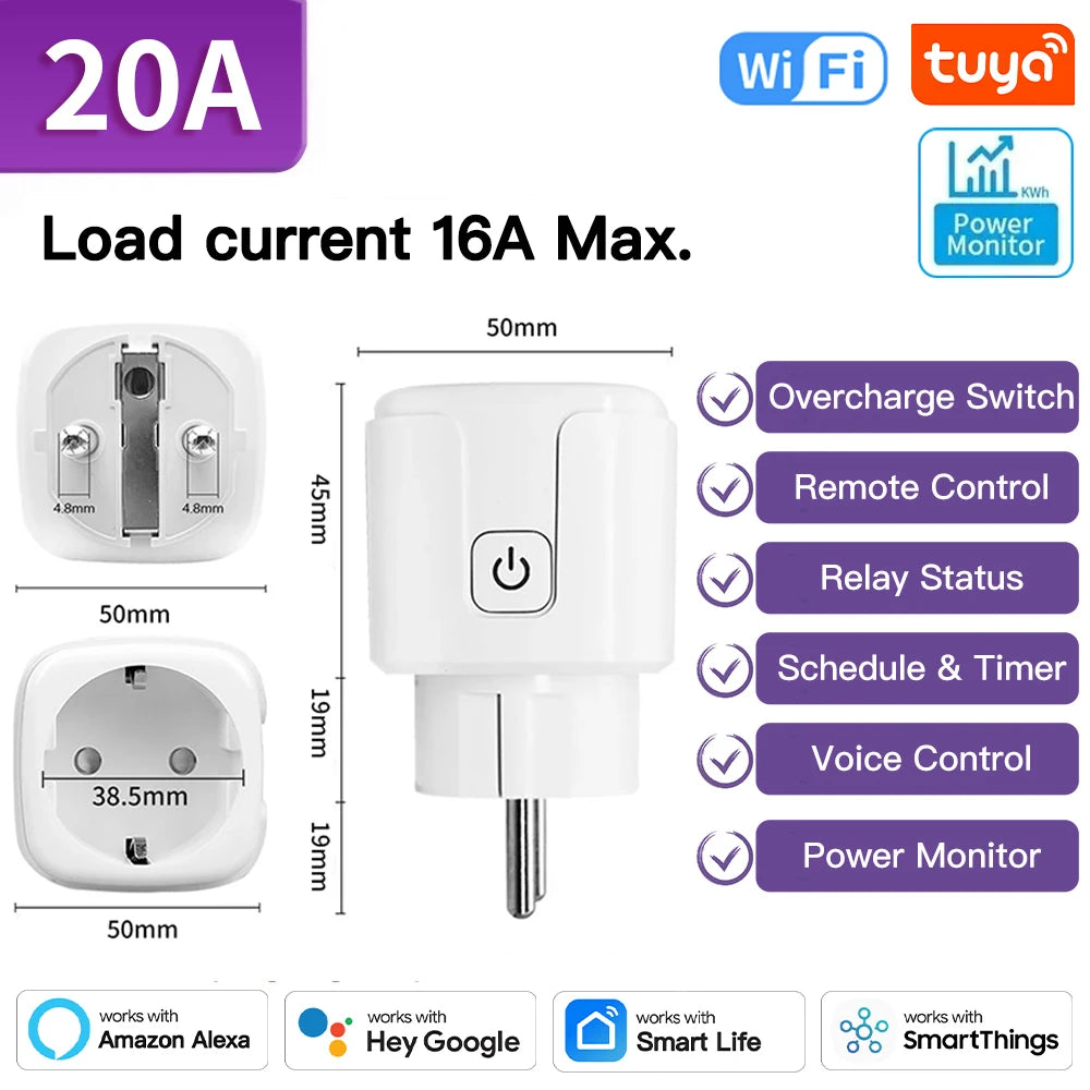 TNCE Tuya Smart Plug WiFi/Zigbee3.0 Smart Socket EU 16A/20A Power Monitor Timing Voice Control Function Works With Alexa