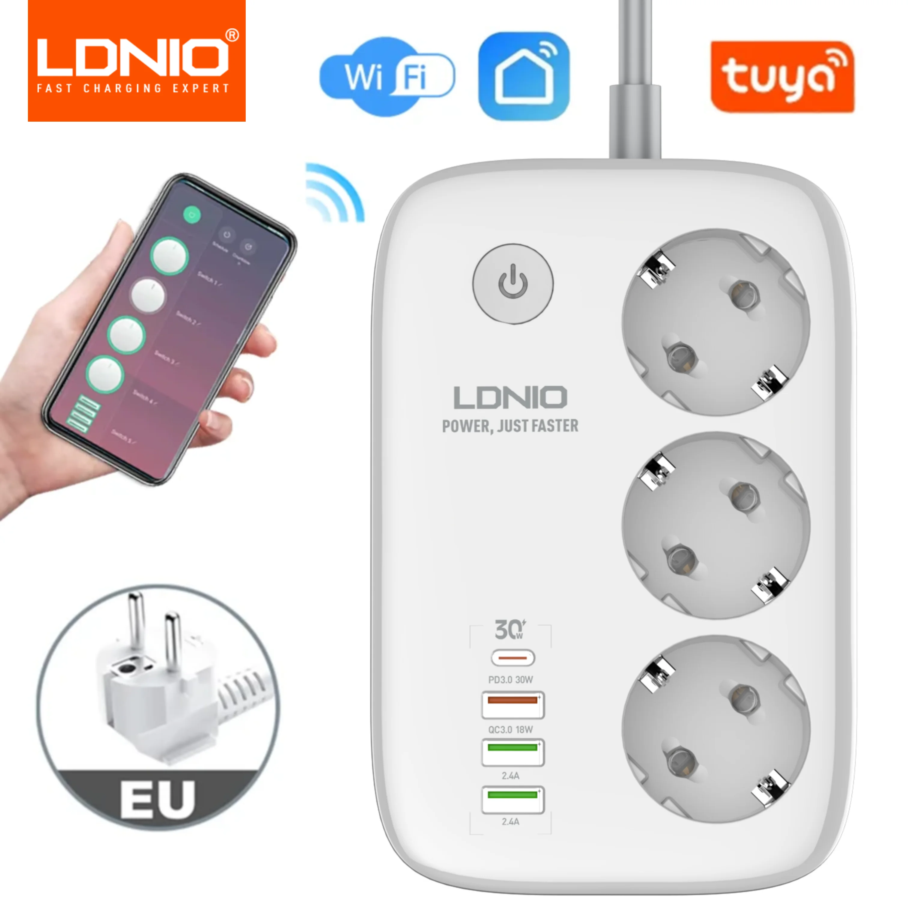 LDNIO Smart Power Strip Tuya WIFI Socket EU Plug Extension Cable Timing Adapter with 3 Plug 3 USB Port Bluetooth Smart Life APP
