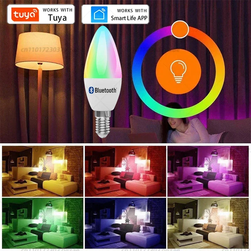 Bulb Candle Smart Lamp E14 TUYA WiFi Bluetooth Dimmable RGB Light 220V Tuya APP Group Control Smart Life For Home Room Decoratio