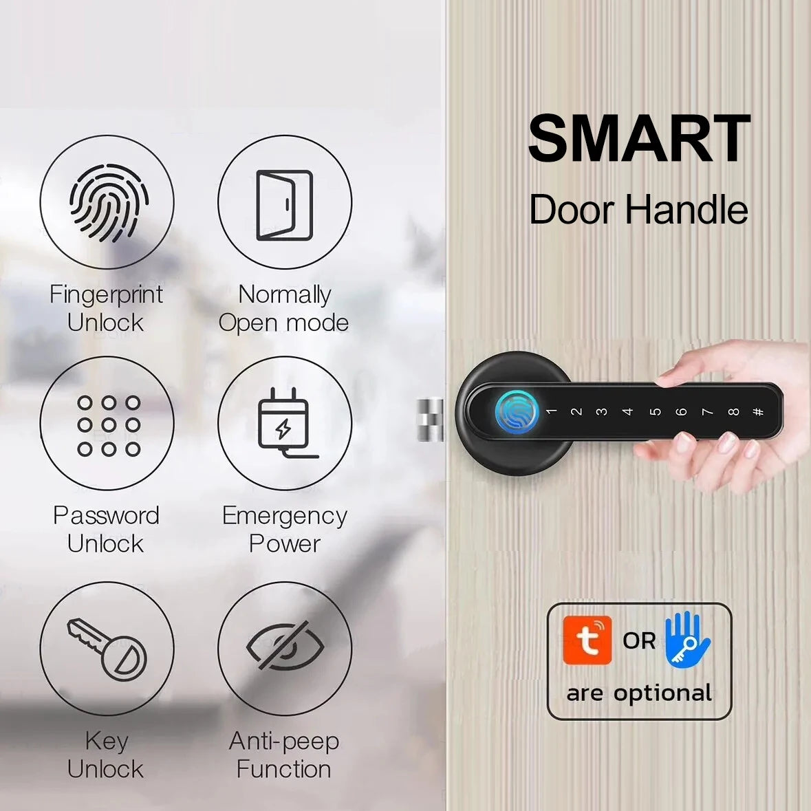 Tuya Smart Fingerprint Door Lock – Bluetooth/Password/Mechanical Key Unlocking, Compatible with Wooden Doors & SmartLife App