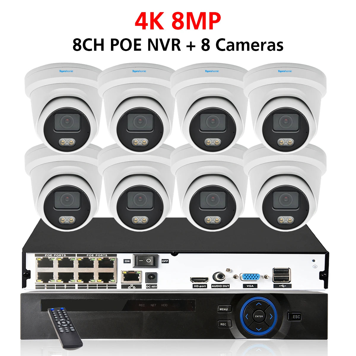 TOPROHOMIE 8CH 4K Security Camera System H.265 AI Indoor Outdoor Waterproof IP Camera Colorful Night Vision 8MP Audio Record Set