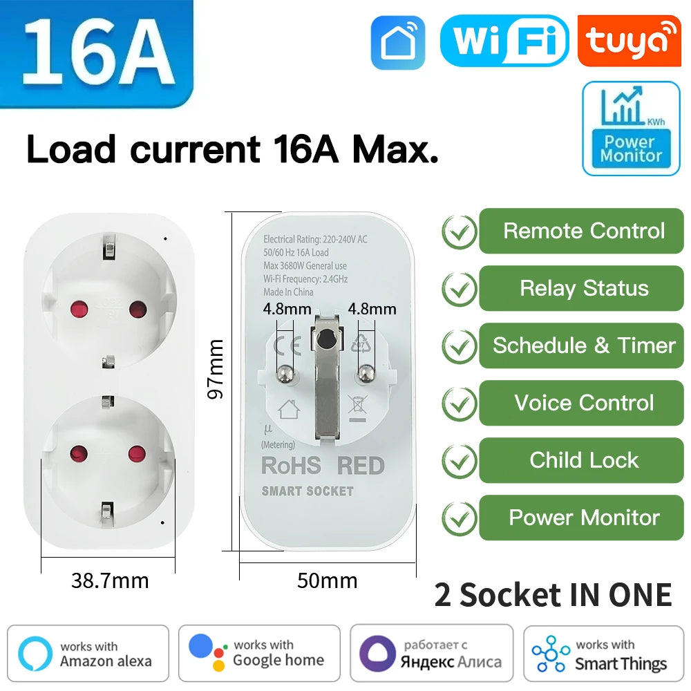 TNCE Tuya Smart Plug WiFi/Zigbee3.0 Smart Socket EU 16A/20A Power Monitor Timing Voice Control Function Works With Alexa