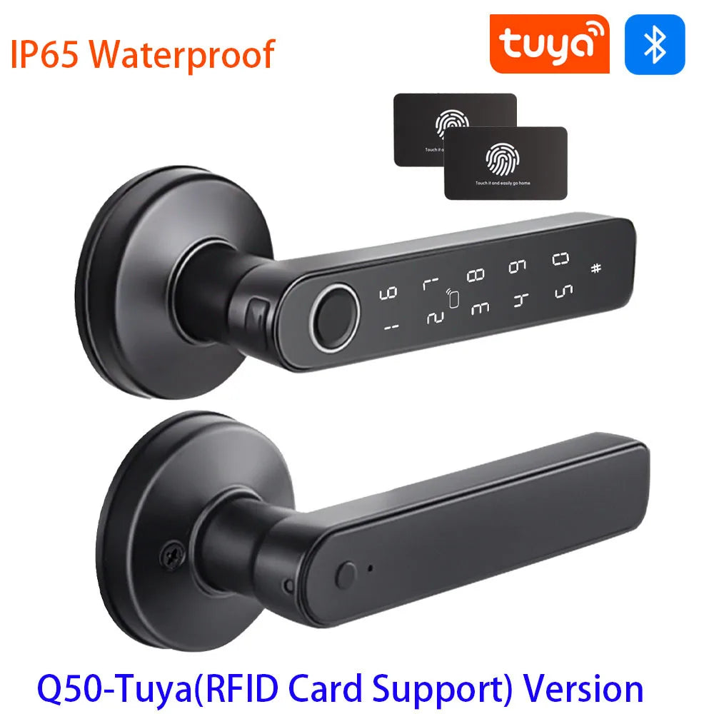 Q50 Tuya Bluetooth Smart Fingerprint Door Handle Lock Electronic Password/RFID Card/Keys/APP Remote Unlock Hotel Lock Rainproof
