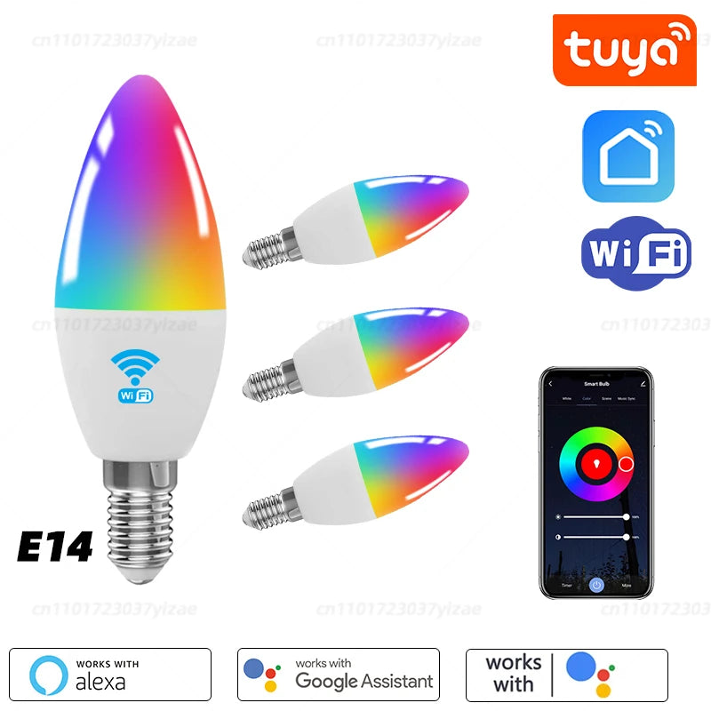 Bulb Candle Smart Lamp E14 TUYA WiFi Bluetooth Dimmable RGB Light 220V Tuya APP Group Control Smart Life For Home Room Decoratio