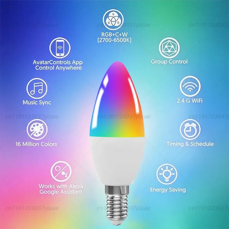 Bulb Candle Smart Lamp E14 TUYA WiFi Bluetooth Dimmable RGB Light 220V Tuya APP Group Control Smart Life For Home Room Decoratio