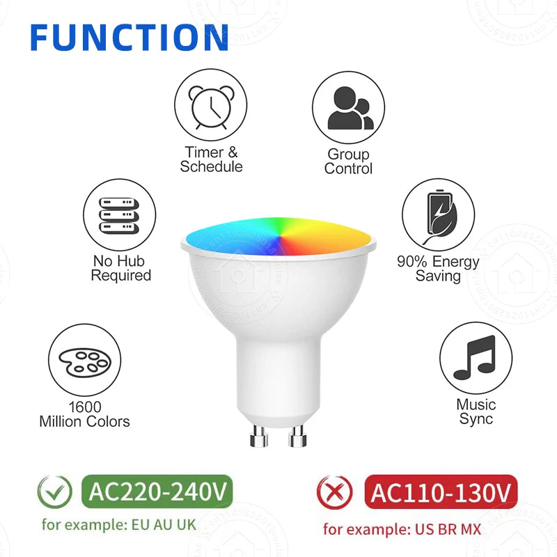 Smart Life RGB LED Light Bulb GU10 Graffiti Tuya Smart Bluetooth or WIFI Bedroom Lamp Bulbs Adjustable Light Spotlight AC 220V