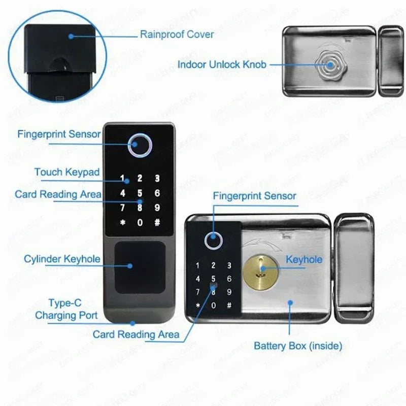 Waterproof Smart Fingerprint Lock G23 Tuya APP Outdoor Access Control Electric Lock Support Password/Remote/IC Card Unlock