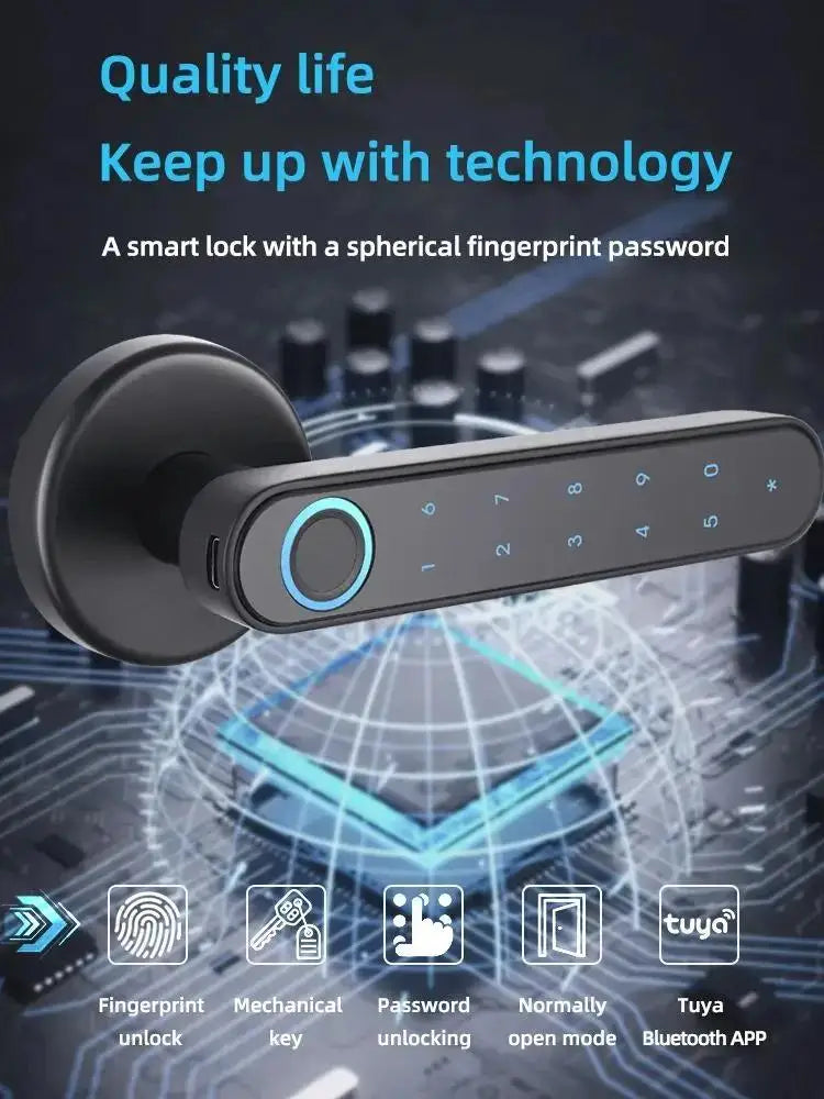 Tuya Smart Fingerprint Door Lock – Bluetooth/Password/Mechanical Key Unlocking, Compatible with Wooden Doors & SmartLife App