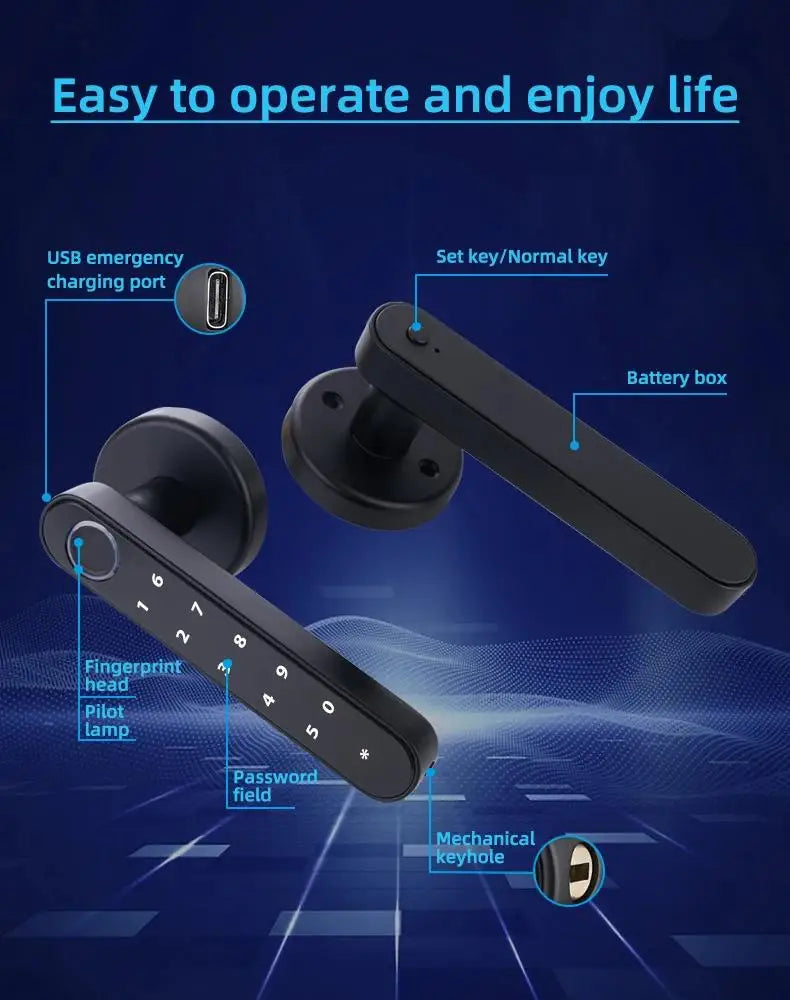 Tuya Smart Fingerprint Door Lock – Bluetooth/Password/Mechanical Key Unlocking, Compatible with Wooden Doors & SmartLife App