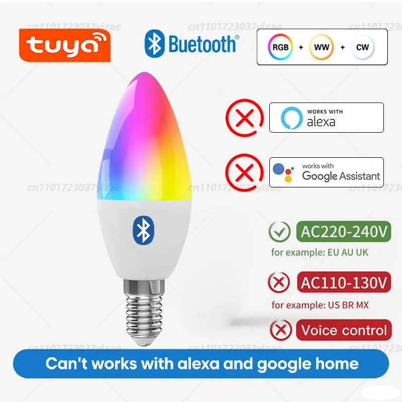 Bulb Candle Smart Lamp E14 TUYA WiFi Bluetooth Dimmable RGB Light 220V Tuya APP Group Control Smart Life For Home Room Decoratio