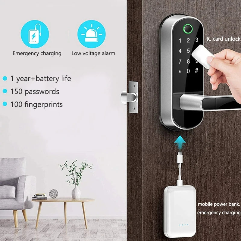 Tuya Smart Fingerprint Door Lock TTLock App Remote Control Keyless Digital Password Electric Lock Waterproof with 2 IC Cards