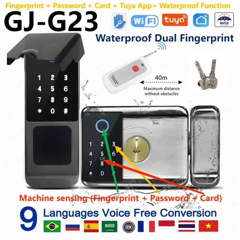 Waterproof Smart Fingerprint Lock G23 Tuya APP Outdoor Access Control Electric Lock Support Password/Remote/IC Card Unlock